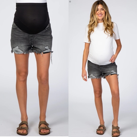 Pinkblush Faded Black Grey Distressed Full Panel Raw Hem Maternity Jean Shorts - Picture 1 of 9